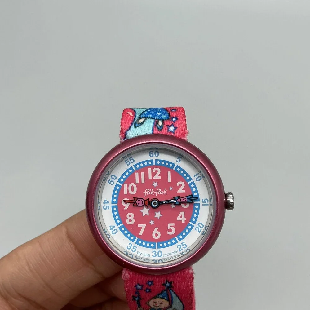 Flik Flak Girls Watch 29mm Pink Blue Dial Fairy Fabric Strap Swiss New Battery